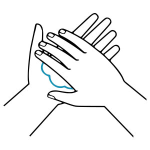 RUB HANDS TOGETHER COVERING ALL SURFACES OF HANDS INCLUDING BETWEEN YOUR FINGERS AND UP YOUR FINGERTIPS